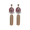alt= "Statement bohemian gold earrings with magenta agate crystal and metal tassel detailing"