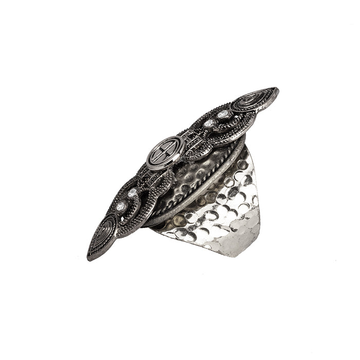 alt= "Bohemian silver Statement Cocktail Ring with signature Adrienne Reid branding and crystal detailing"