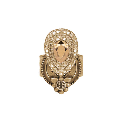 alt= "Bohemian gold Statement Cocktail Ring with signature Adrienne Reid detailing and Swarovski Crystal"