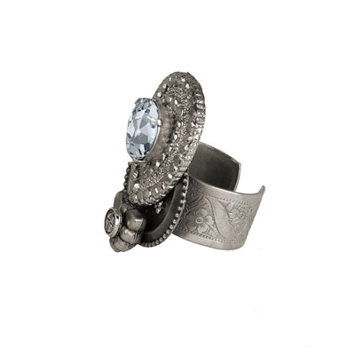 alt= "Bohemian silver Statement Cocktail Ring with signature Adrienne Reid detailing and Swarovski Crystal"