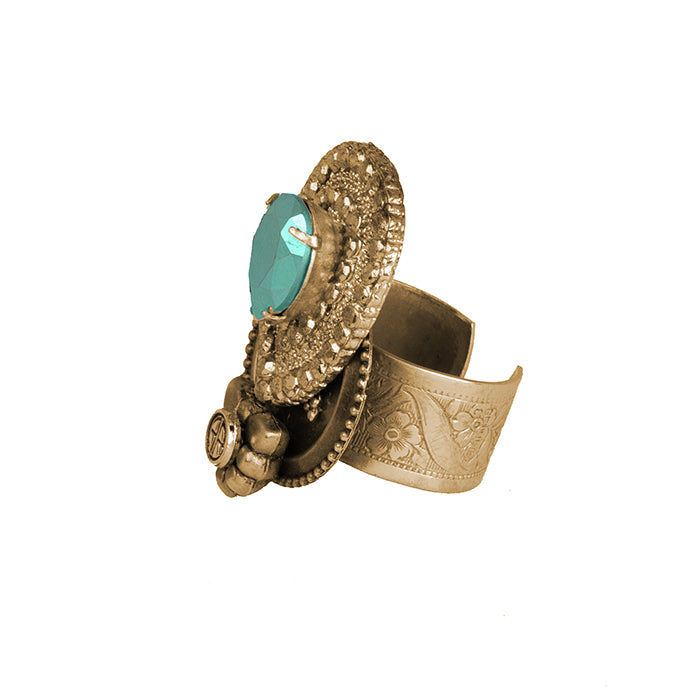 alt= "Bohemian gold Statement Cocktail Ring with signature Adrienne Reid detailing and Swarovski Crystal"